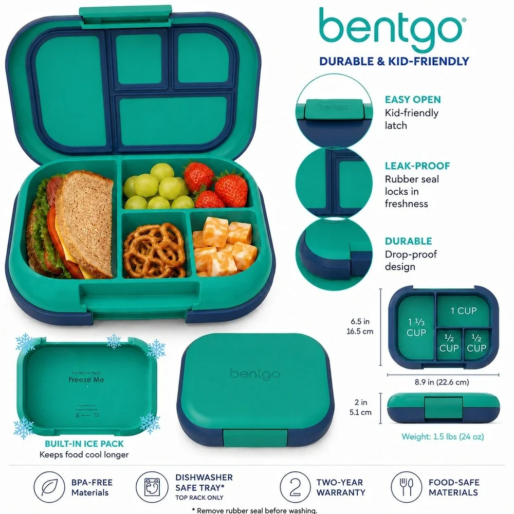 Bentgo Kids Chill Leak-Proof Bento Lunch Box Green Navy Blue with Ice Pack Tray